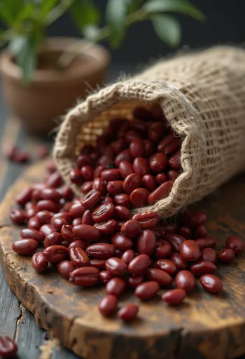 Sušené fazole adzuki v misce a rozsypané na dřevěném stole