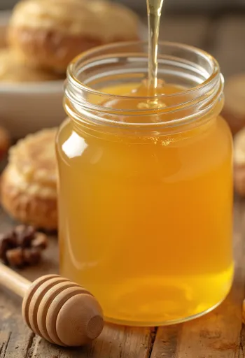 Agávový sirup v malé lahvičce, vedle vařečka, čisté pozadí