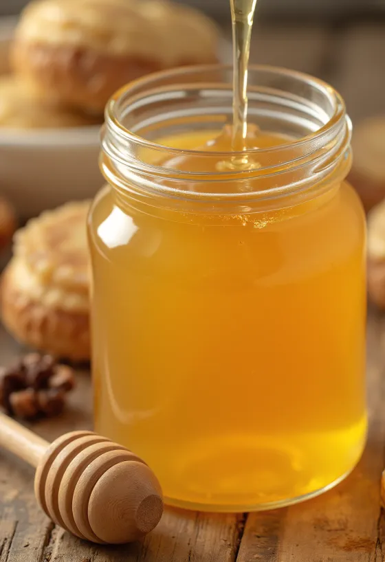 Agávový sirup v malé lahvičce, vedle vařečka, čisté pozadí