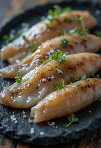 Čerstvé filety z ančoviček s kořením a citronem na dřevěném prkénku