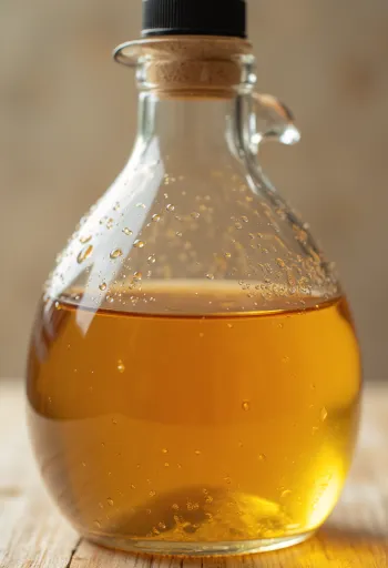 Jablečný ocet ve skleněné misce, obklopen čerstvými jablky, plátky, slupkami a octovou matkou v láhvi