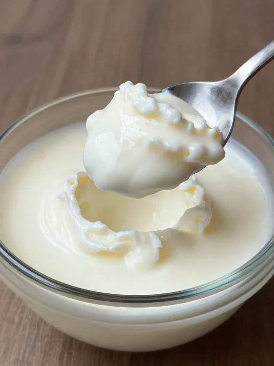 Kyška v rustikální keramické misce se lžící a mírně oddělenou syrovátkou