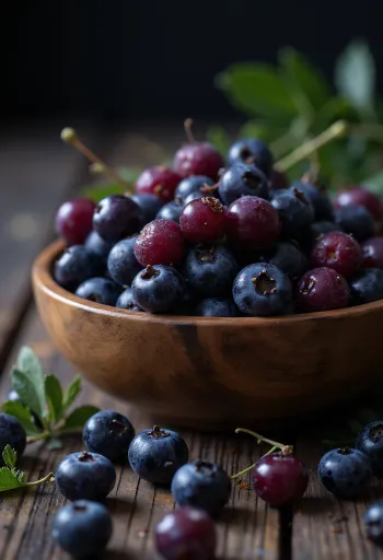 Čerstvé plody aronie, celé i rozkrojené, na čistém povrchu