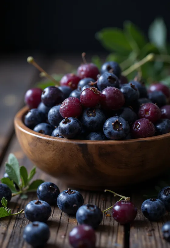 Čerstvé plody aronie, celé i rozkrojené, na čistém povrchu