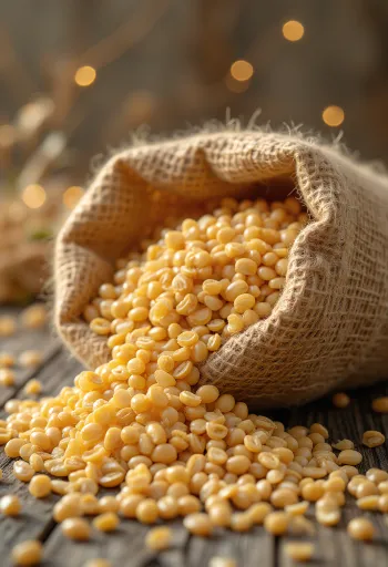 Čištěná ječná zrna v malém pytlíku a rozsypaná na dřevěném povrchu