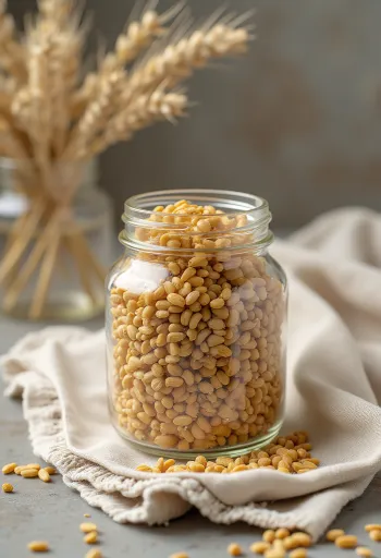 Ječné otruby v keramické misce a rozsypané na dřevěném kuchyňském povrchu