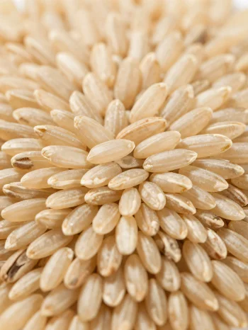 Syrová zrna hnědé rýže v rustikální misce na kuchyňské lince