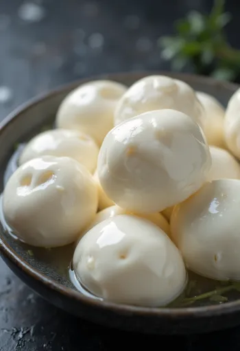 Čerstvá buvolí mozzarella v bílé keramické misce na dřevěném stole