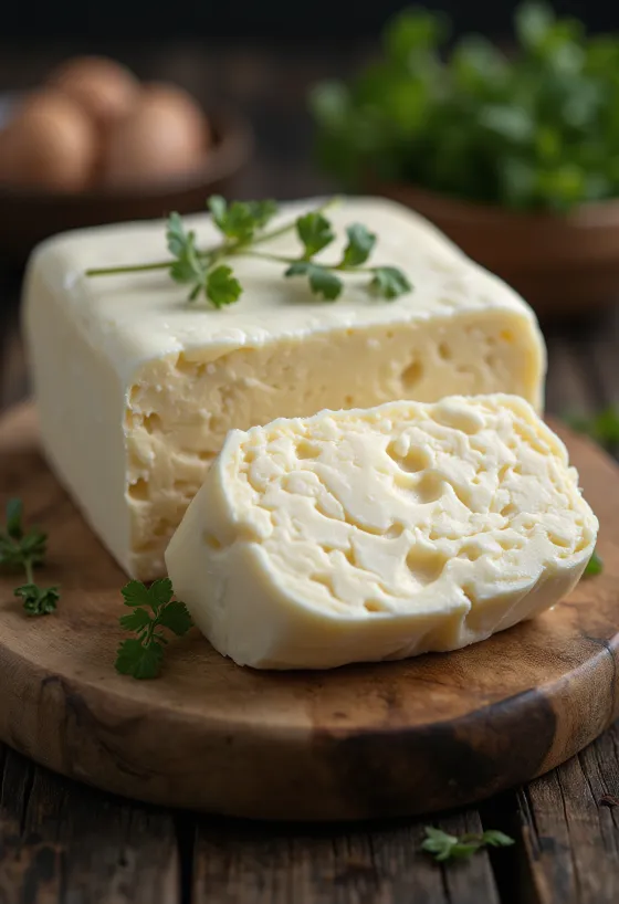 Buvolí máslo v malé keramické misce, krémová konzistence, světlý tuk