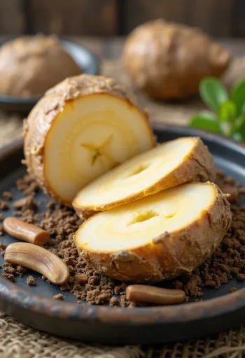 Čerstvý kořen lopuchu, celý i nakrájený, s hnědou slupkou