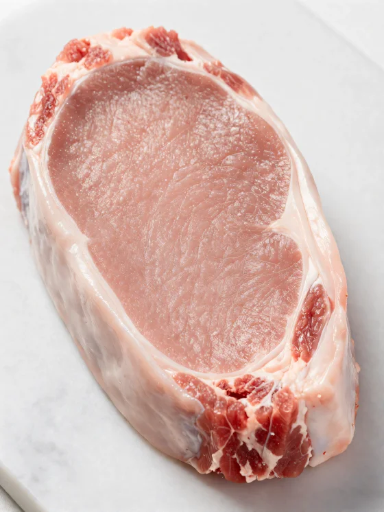 Čerstvé kousky světlého telecího masa s kořením na dřevěném prkénku