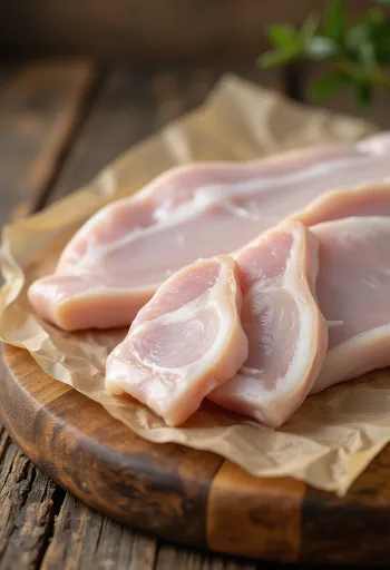 Krájená syrová vepřová kůže na dřevěném prkénku, očištěná a připravená