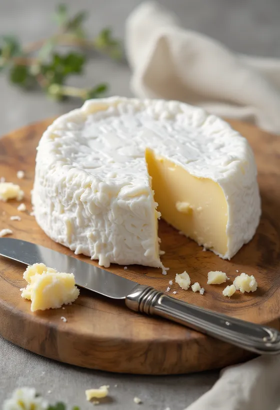 Nakrájený sýr Brie na dřevěném prkénku s krémovým vnitřkem