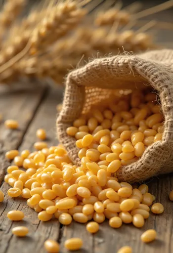 Očištěná pšeničná zrna v pytlíku a rozsypaná na dřevěném povrchu