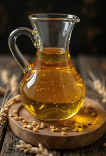 Olej z pšeničných klíčků v misce, vedle zrna pšenice