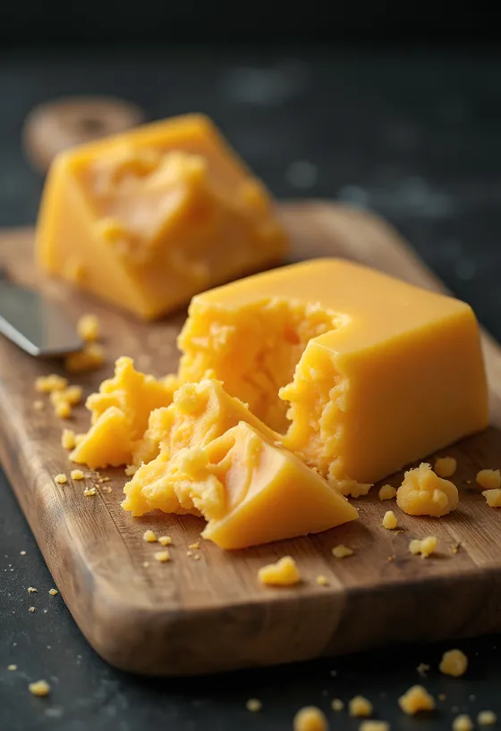 Nakrájený a na kostičky pokrájený sýr Cheddar na dřevěném prkénku