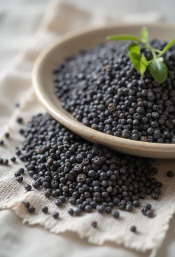 Detailní záběr na černá chia semínka rozsypaná na bílém povrchu