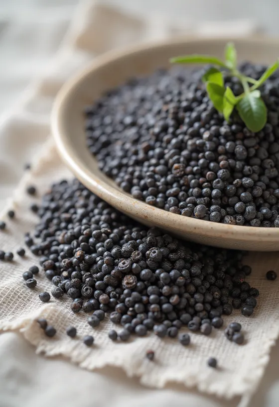 Detailní záběr na černá chia semínka rozsypaná na bílém povrchu