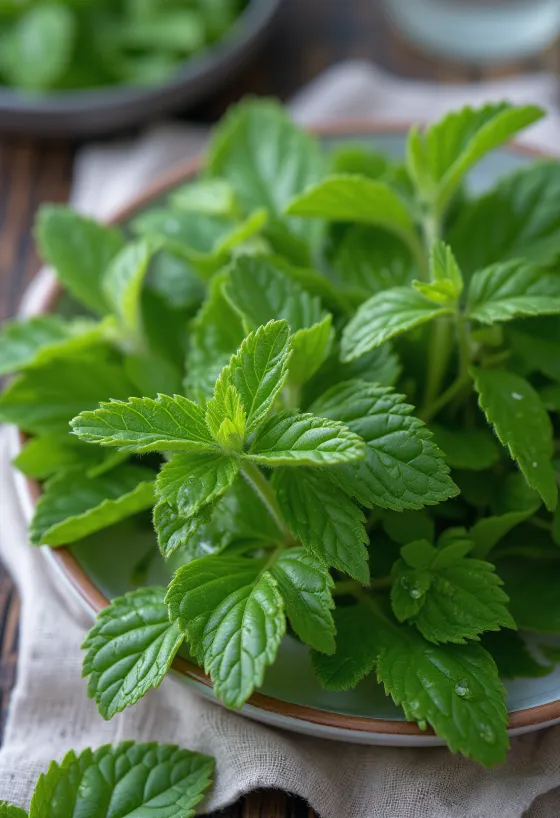 Čerstvé listy kopřivy na bílém talíři, připravené k vaření