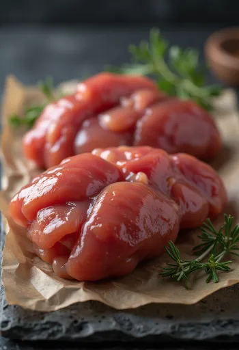 Plátky kuřecích jater na dřevěném prkénku, v syrovém, čerstvém stavu