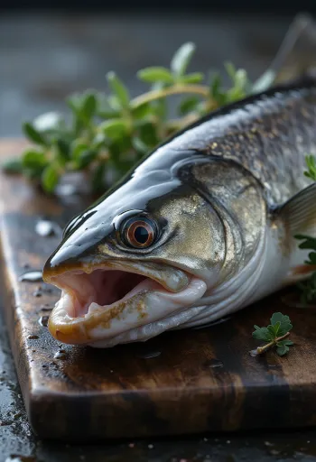 Čerstvé filety ze štiky s citronem, koprem a pepřem na dřevěném prkénku