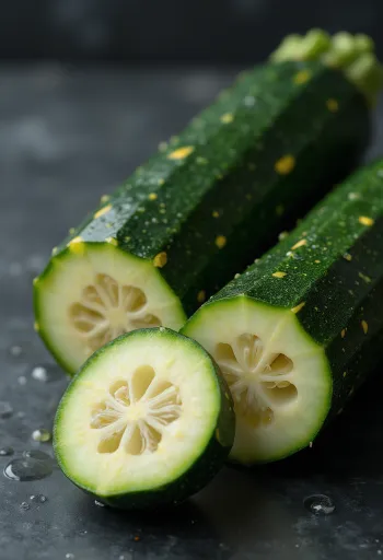 Čerstvá cuketa rozkrojená napůl se světlým vnitřkem a hladkou zelenou slupkou