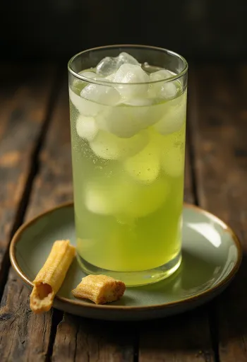 Čerstvá šťáva z cukrové třtiny ve sklenici s kousky třtiny