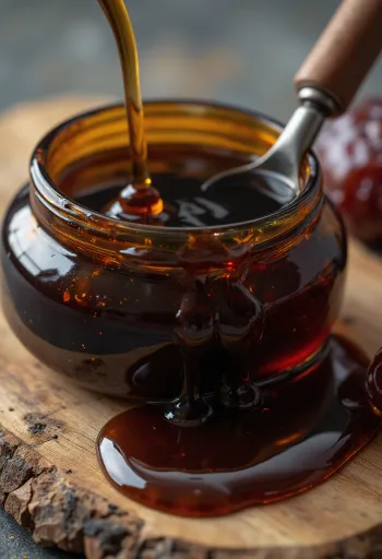 Datlový sirup v malé skleničce, stékající hustý hnědý sirup na vařečce