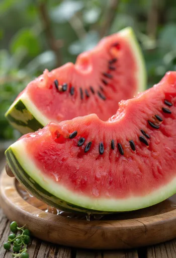 Čerstvý, nakrájený vodní meloun s červenou dužinou a černými semínky na dřevěném povrchu