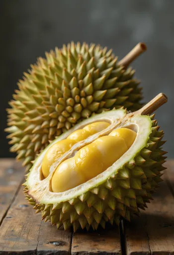 Celý a rozkrojený durian s trnitou slupkou a krémovou vnitřní dužinou
