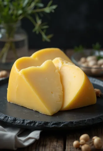 Kus sýra Edam v bílé misce na dřevěném stole