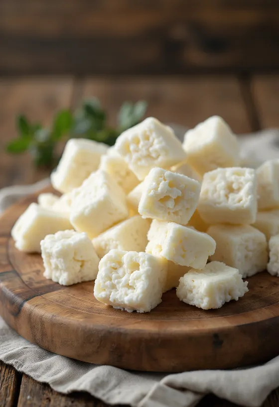 Čerstvá, hrudkovitá sladká urda ze syrovátky v bílé keramické misce