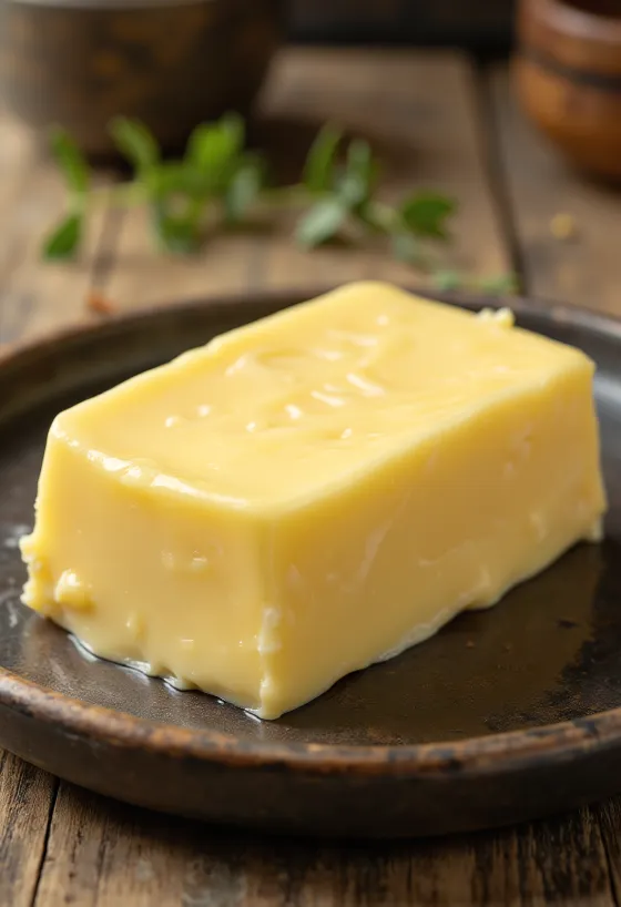 Krémové máslo ze sladké smetany v malé misce, na rustikálním povrchu