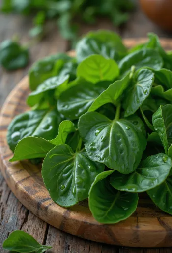 Čerstvé listy batátů v syrovém stavu, natrhané, v misce nebo na hromádce