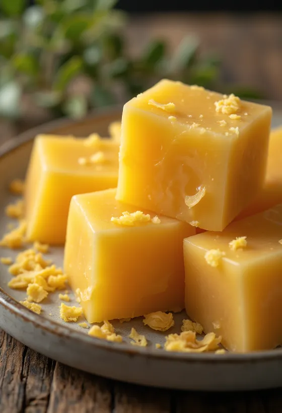 Potravinářský včelí vosk v bloku a nastrouhaný na dřevěném povrchu