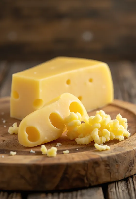 Kus sýra Emmental v keramické misce na dřevěném stole