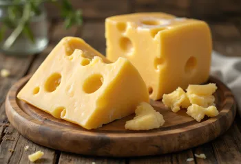 Kus sýra Emmental v keramické misce na dřevěném stole