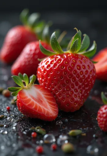 Čerstvé celé a rozpůlené jahody na rustikálním dřevěném stole, s jahodovým džemem