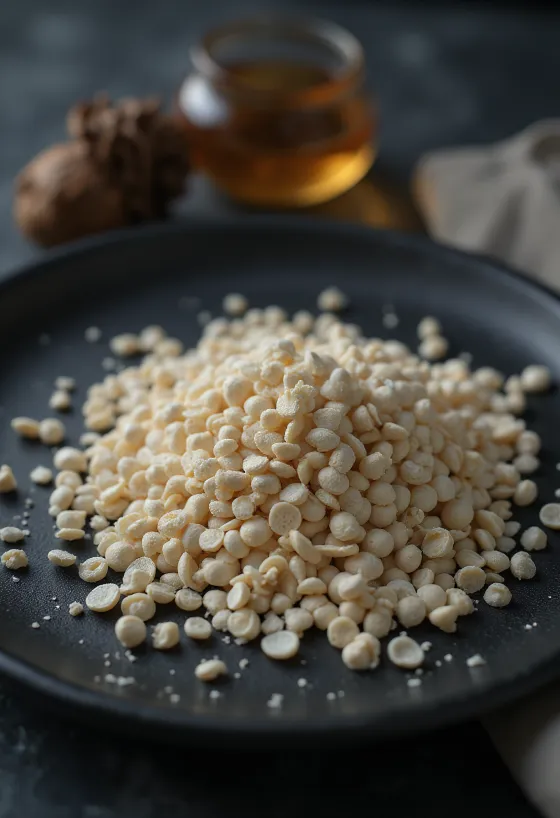 Semínka bílého máku zblízka, navršená na světlém povrchu