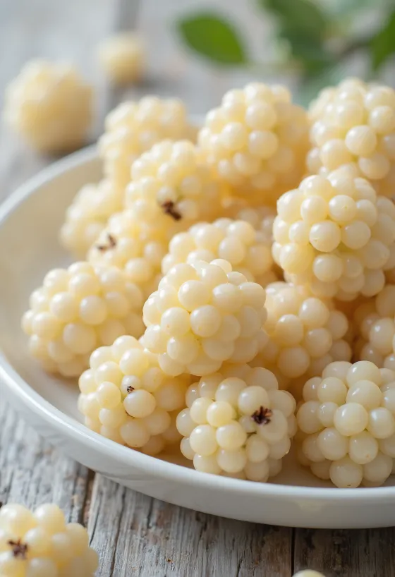 Čerstvé plody moruše bílé (Morus alba) rozkrojené i celé na čistém povrchu