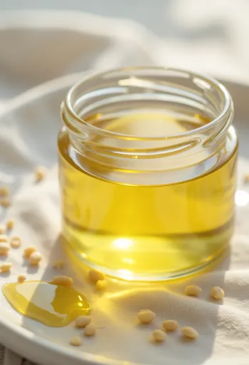 Olej z bílého sezamu v lahvi a misce se sezamovými semínky