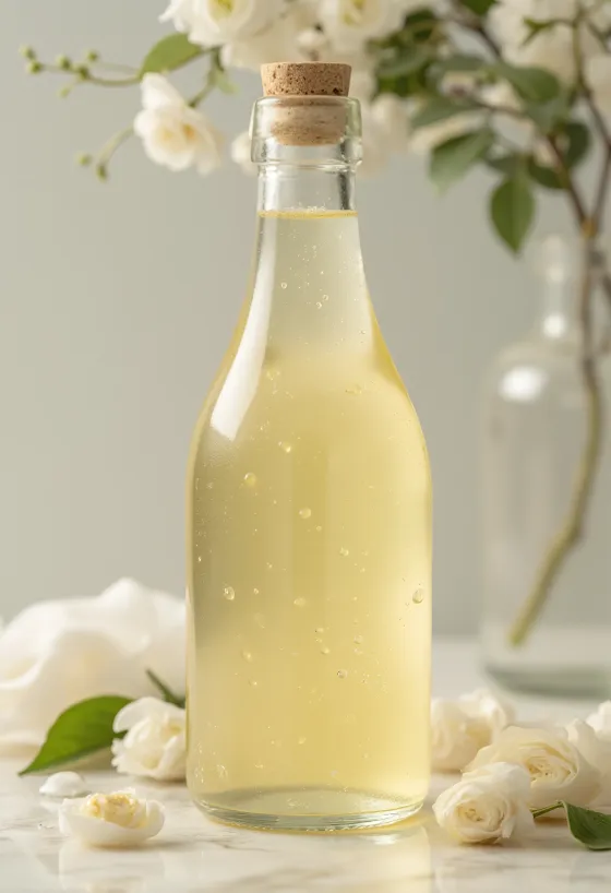 Bílý vinný ocet ve skleněné misce, vedle bílé hrozny, mošt a láhev s octovou matkou