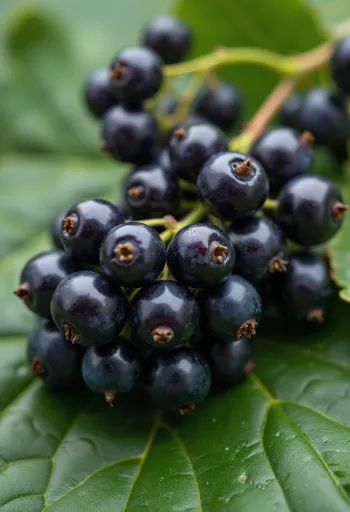 Čerstvé bobule černého rybízu v misce a na stole, s domácím džemem a lístky