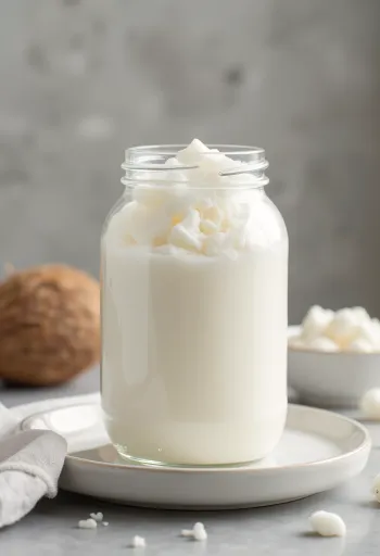 Rafinovaný kokosový olej v malé misce, vedle bílý strouhaný kokos