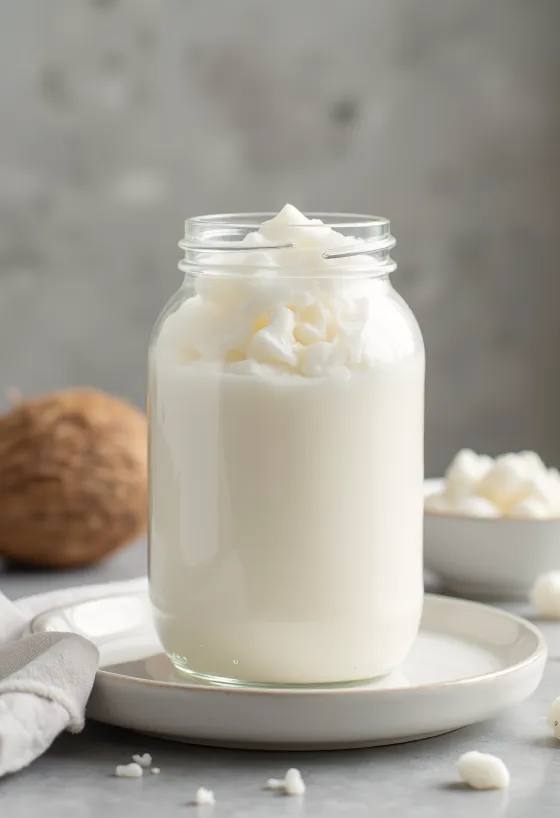 Rafinovaný kokosový olej v malé misce, vedle bílý strouhaný kokos