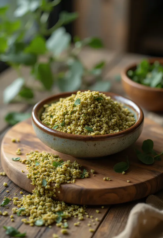 Zrna freekeh a vařený freekeh v misce na dřevěném povrchu