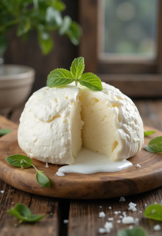 Čerstvá mozzarella z kravského mléka v bílé keramické misce na dřevěném stole