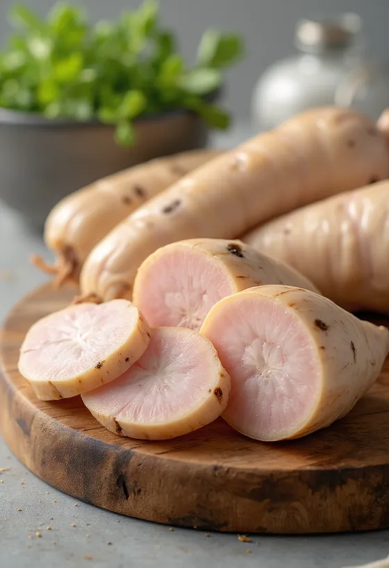 Čerstvé plátky galangalu a tenké proužky v misce na dřevěném povrchu