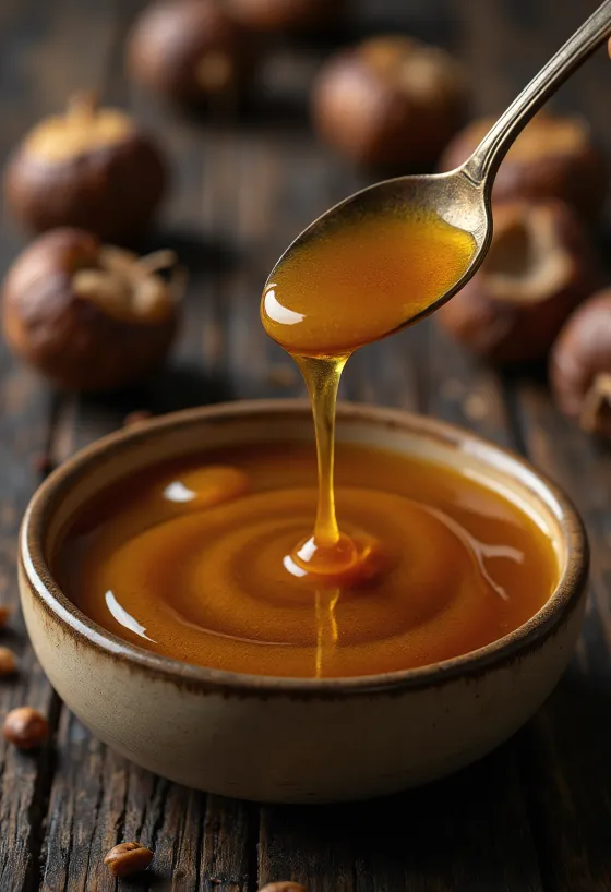 Tmavý kaštanový med ve sklenici s mednaběračkou a květy