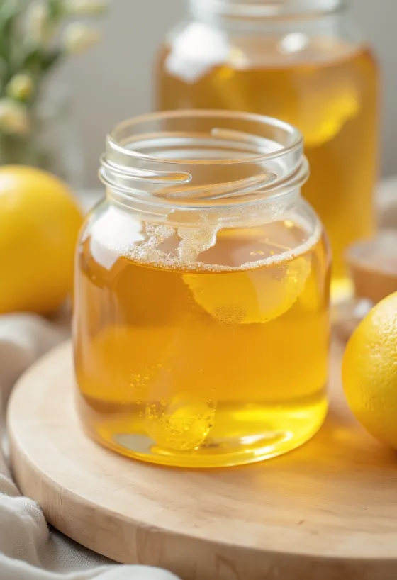 Glukózový sirup v malé sklenici, vedle stékající sirup ze lžíce